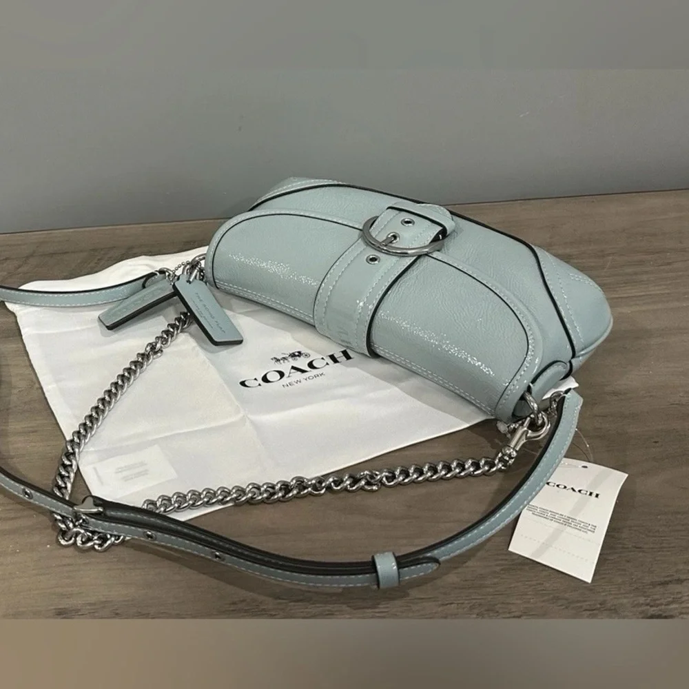COACH CAN43 Soho Bag 25 Shoulder/Crossbody Crinkle Patent Leather Light Blue - Picture 9 of 14